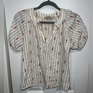 LOFT Women's Patterned Puff Sleeve Blouse - White and Brown